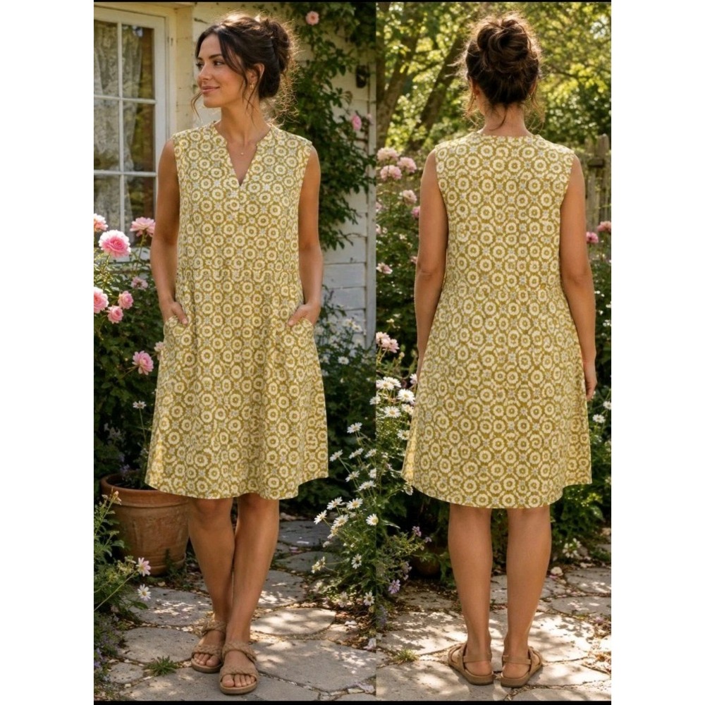 Boden Womens 14R Geometric Floral Linen Shift Dress Pocket Lagenlook Cottagecore